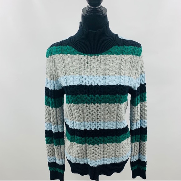 1901 Blue Green Black Gray Striped Sweater - Picture 3 of 8